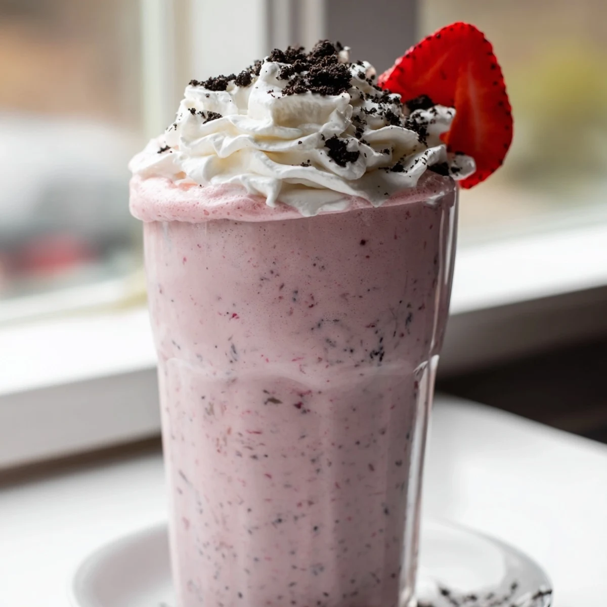 Rich blended Strawberry Oreo Milkshake drizzled with crushed Oreos in tall glasses