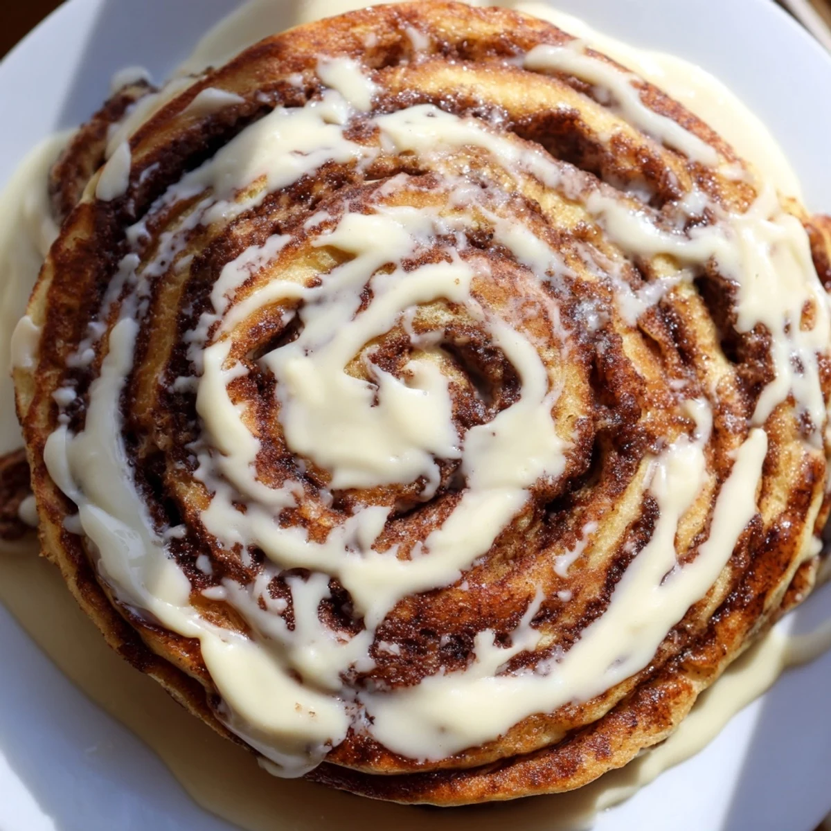Golden cinnamon roll pancakes stacked high with creamy cream cheese icing drizzle