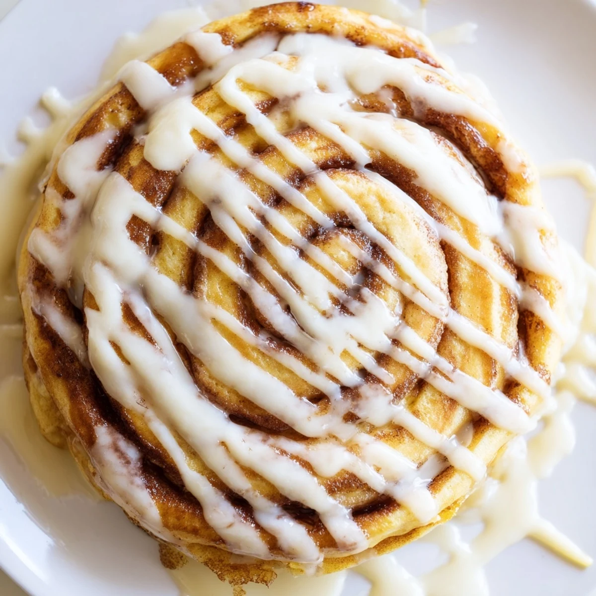 A stack of cinnamon roll pancakes dripping with sweet cream cheese glaze