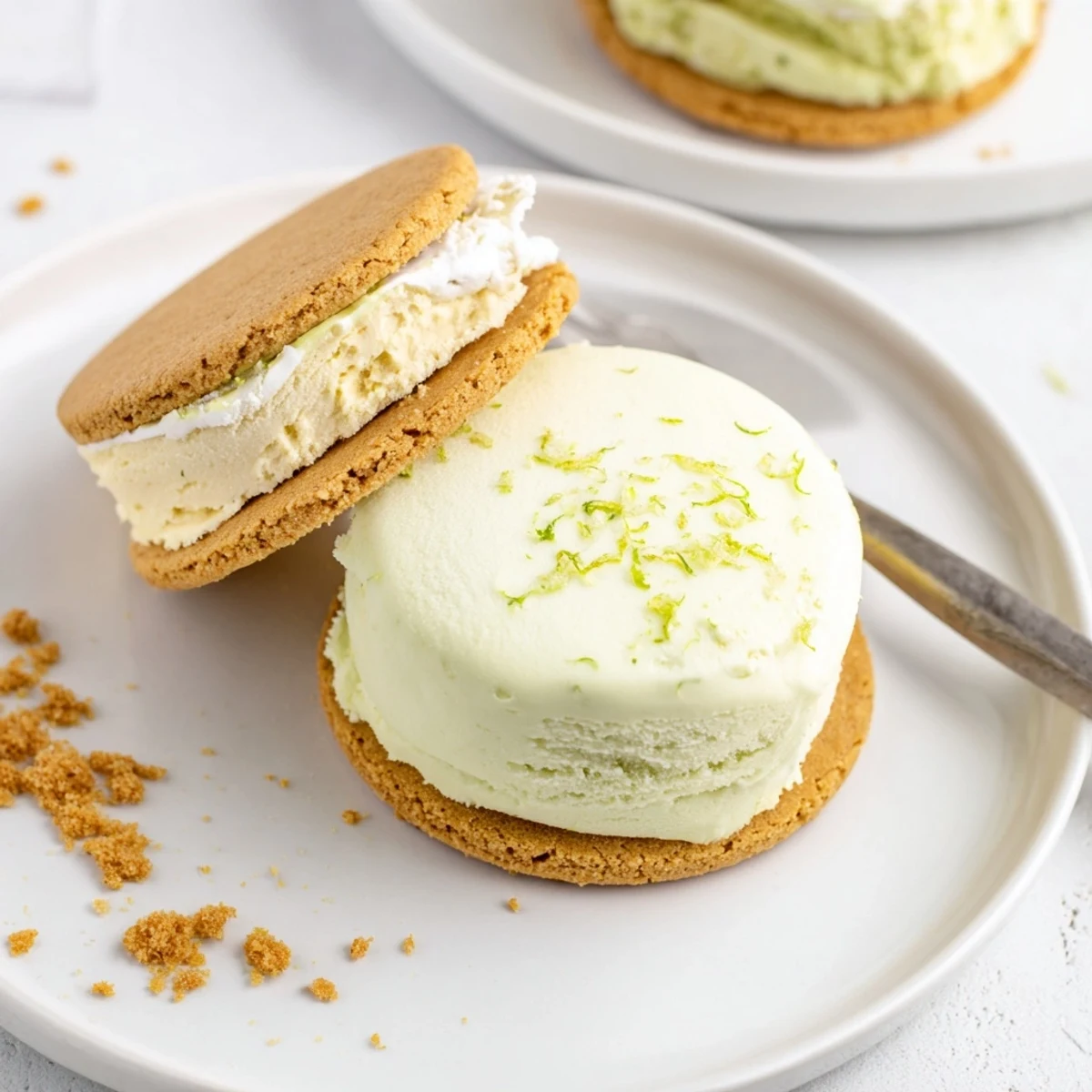 Key Lime Pie Ice Cream Sandwiches with zesty lime filling and golden graham cookies.
