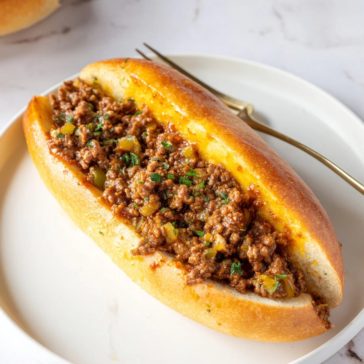 Garlic Bread Sloppy Joes piled on a cutting board, melting cheese and steam