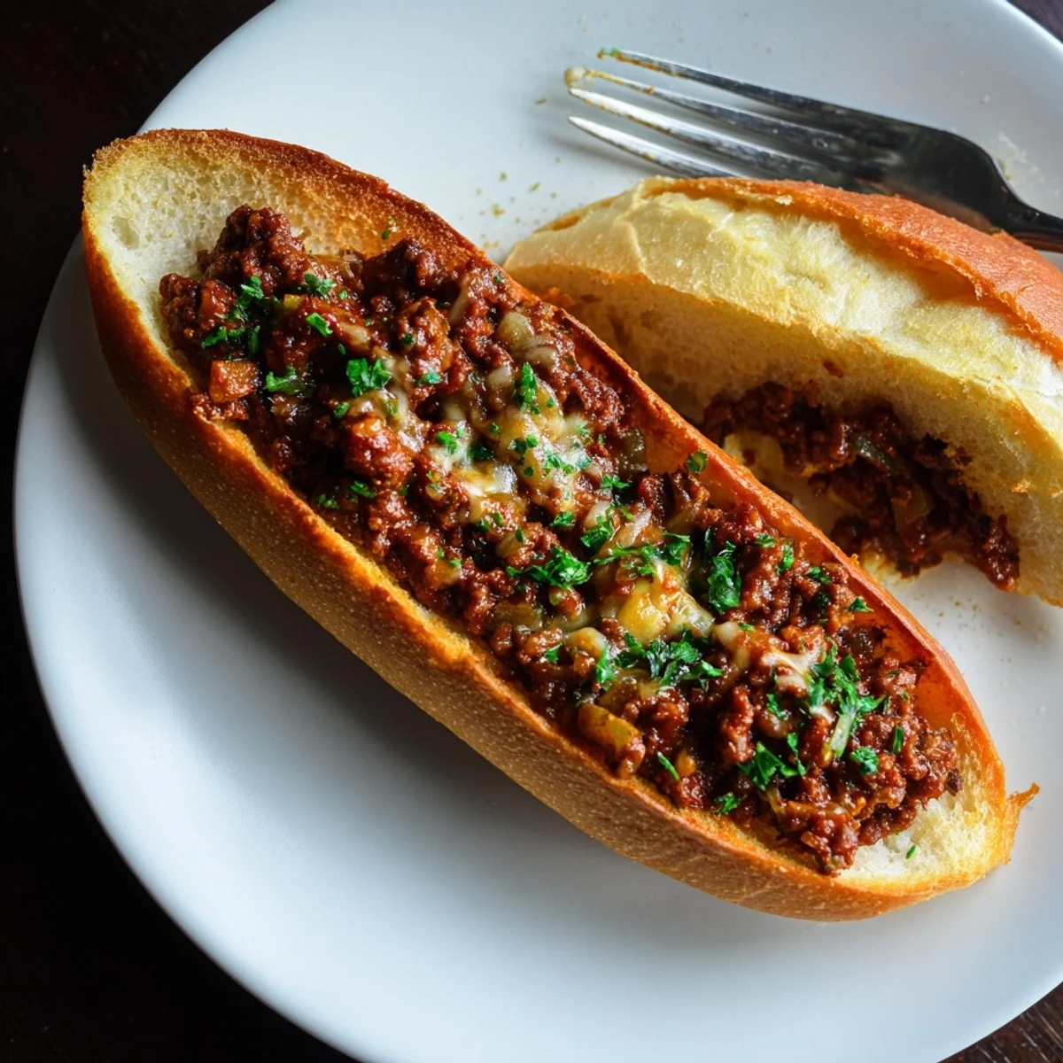 A fork-ready plate of Garlic Bread Sloppy Joes with tangy tomato filling