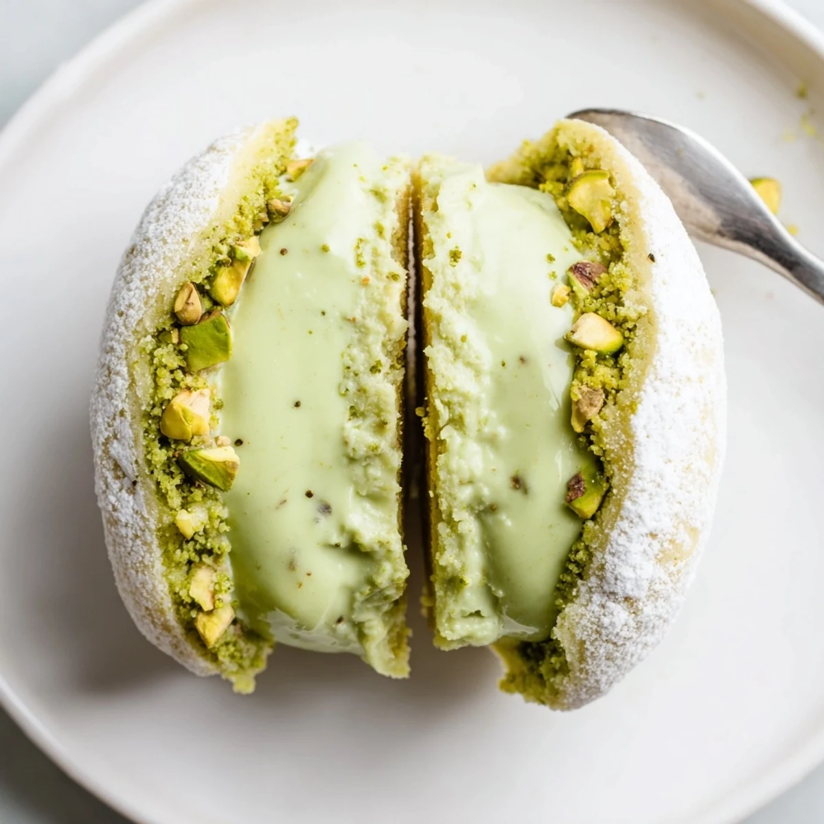 Fresh-baked Pistachio Cream Cookies Recipe stacked on plate, creamy pistachio centers.