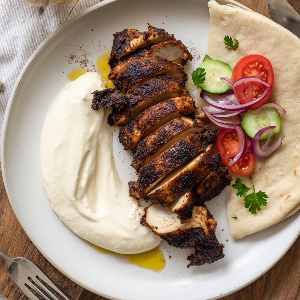 Shawarma Chicken With Garlic Sauce sliced in warm pita, charred edges visible