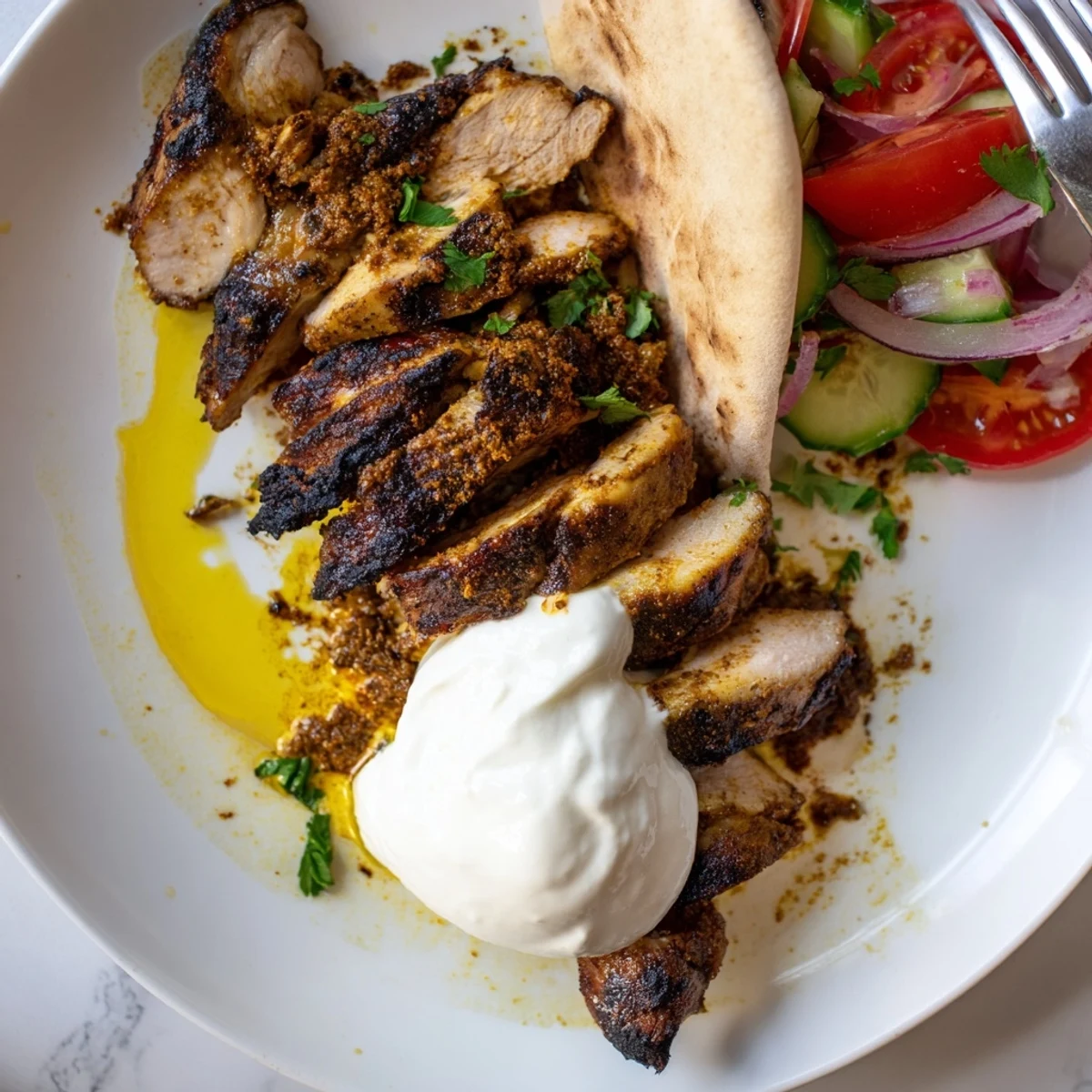 Juicy Shawarma Chicken With Garlic Sauce over fluffy rice, sprinkled with cilantro
