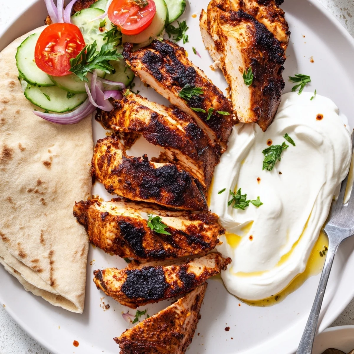 Grilled, smoky Shawarma Chicken With Garlic Sauce beside lemon wedge and crisp vegetables
