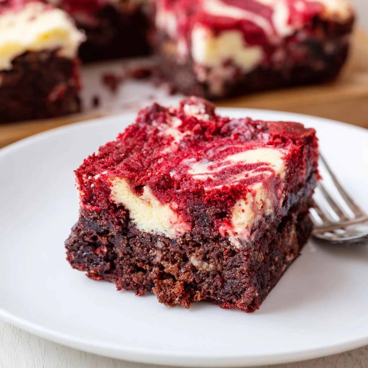 Red Velvet Brownies With Cheesecake Layer, marbled red and cream, chilled squares.