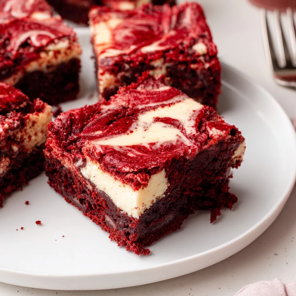 Slices of Red Velvet Brownies With Cheesecake Layer resting on white plate.
