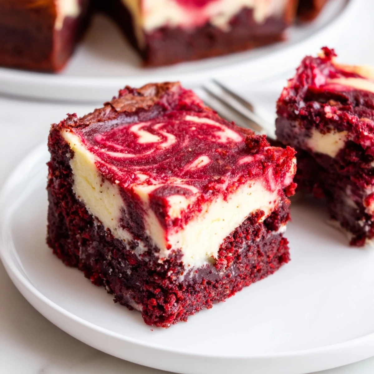 Close-up shows Red Velvet Brownies With Cheesecake Layer, fudgy base and glossy swirl.
