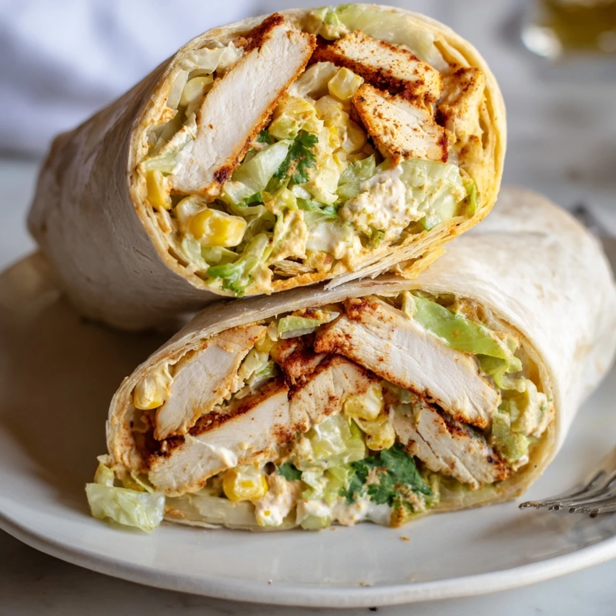 Grilled chicken and zesty slaw in Quick Mexican Street Corn Chicken Wraps, sliced