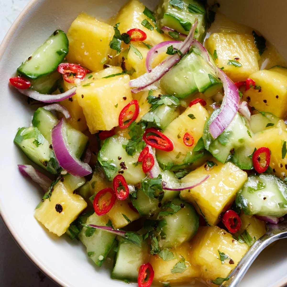 Chilled Pineapple Cucumber Salad, bright lime tang, sliced red onion and chili