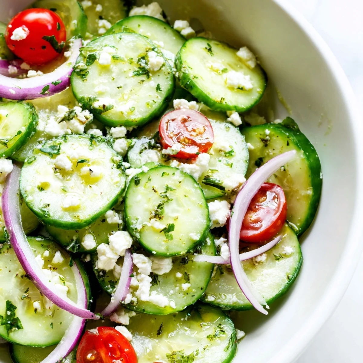 Bright Cucumber Feta Salad With Lemon Greek Vinaigrette drizzled over juicy cherry tomatoes.
