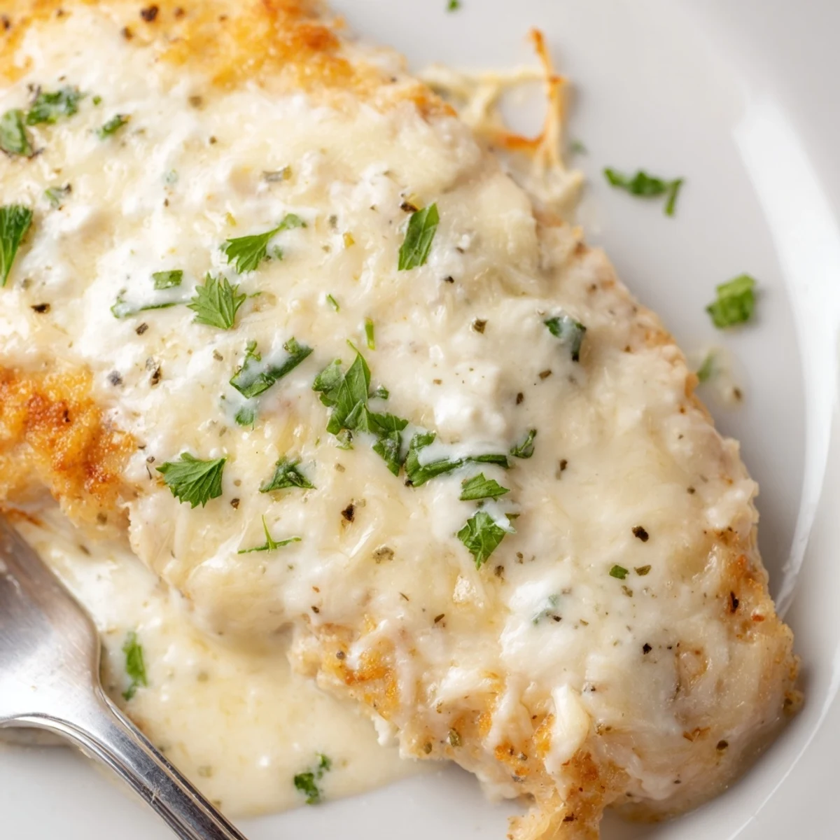Baked Caesar Chicken With Creamy Parmesan Sauce under golden, bubbly mozzarella topping  