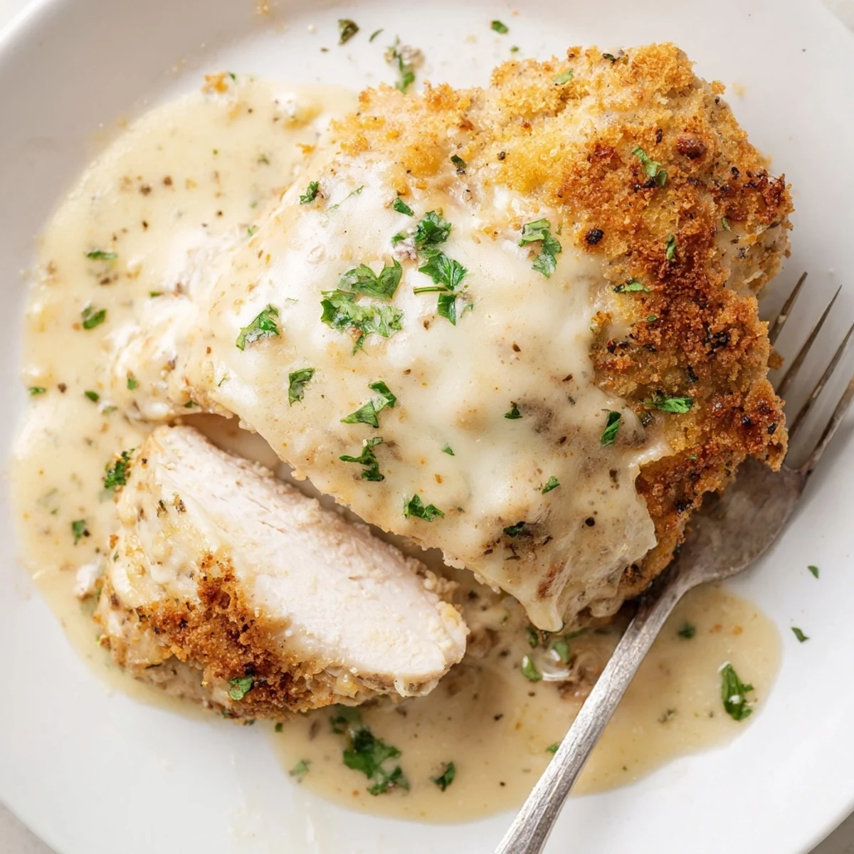Hot Baked Caesar Chicken With Creamy Parmesan Sauce, garlicky aroma and parsley garnish