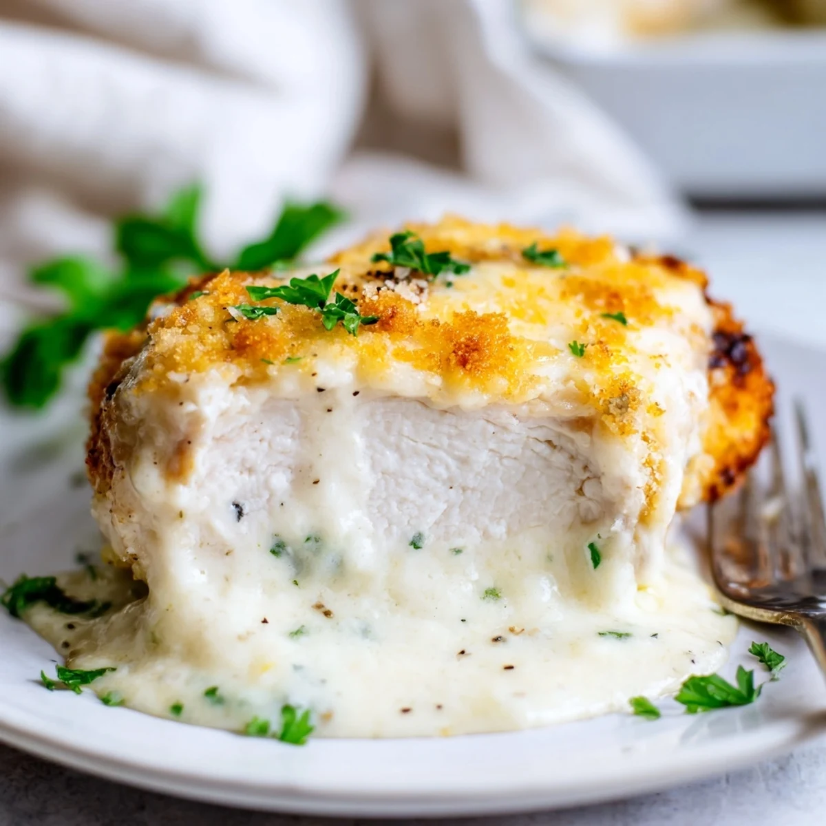 Sliced Baked Caesar Chicken With Creamy Parmesan Sauce served with roasted vegetables  