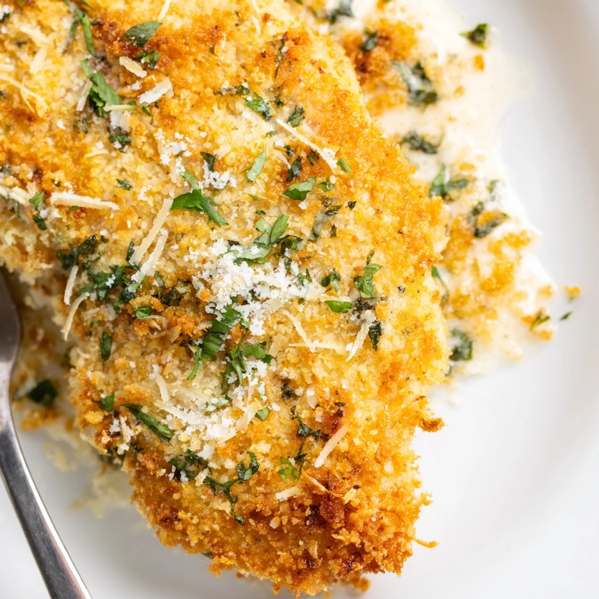Lemon Pecorino Crusted Chicken With Creamy Lemon Sauce, golden and drizzled, parsley garnish