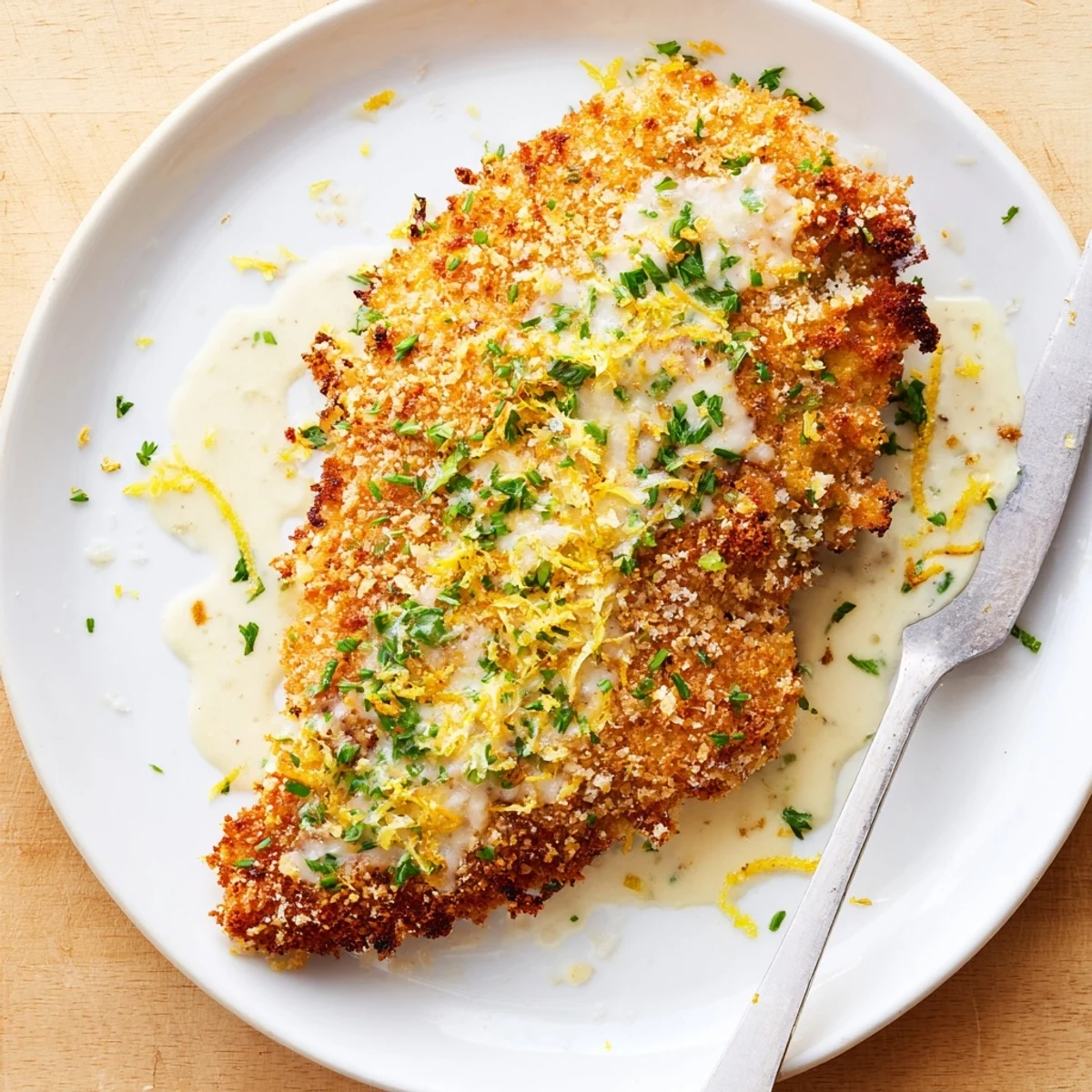 Crispy Lemon Pecorino Crusted Chicken With Creamy Lemon Sauce, zesty aroma, silky finish