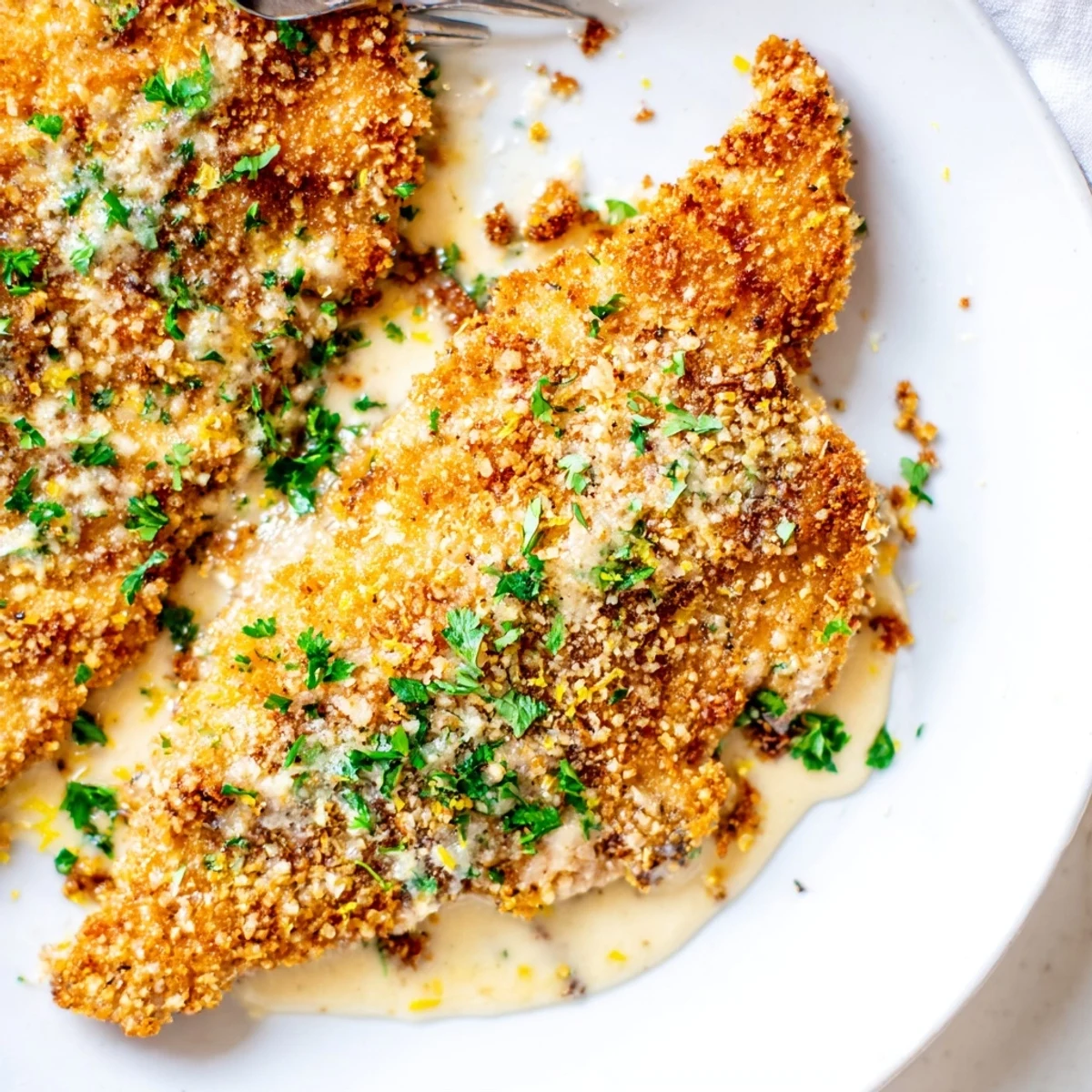 Oven-baked Lemon Pecorino Crusted Chicken With Creamy Lemon Sauce served warm