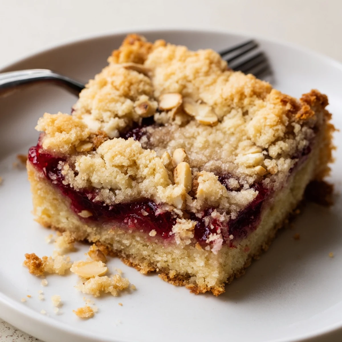 Raspberry Almond Bars with golden almond crumble, jam-sweet center on parchment.