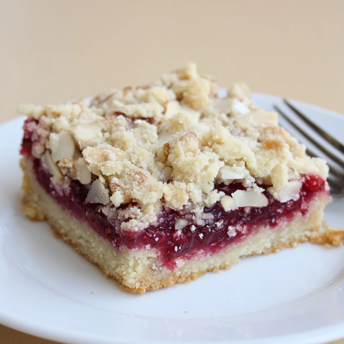 Slice of Raspberry Almond Bars served warm with vanilla ice cream.