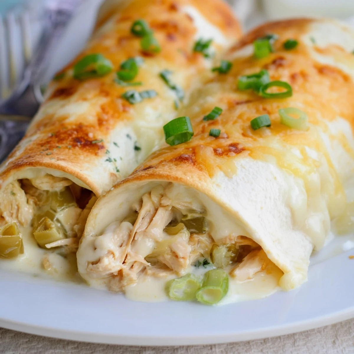 Family-style White Rotisserie Chicken Enchiladas served hot with cilantro and tangy sour cream