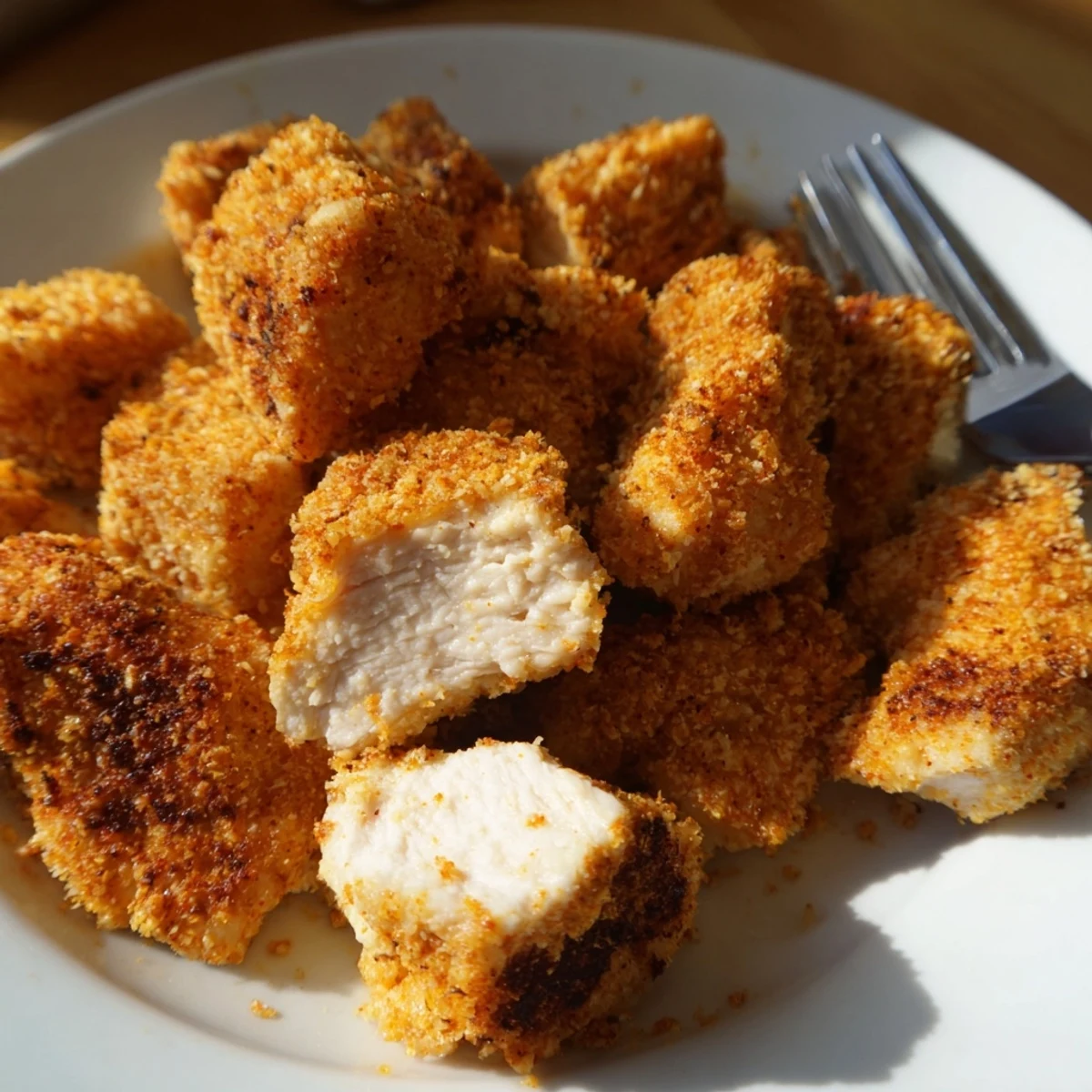 Crispy golden Chicken Bites piled on a plate with ranch dip
