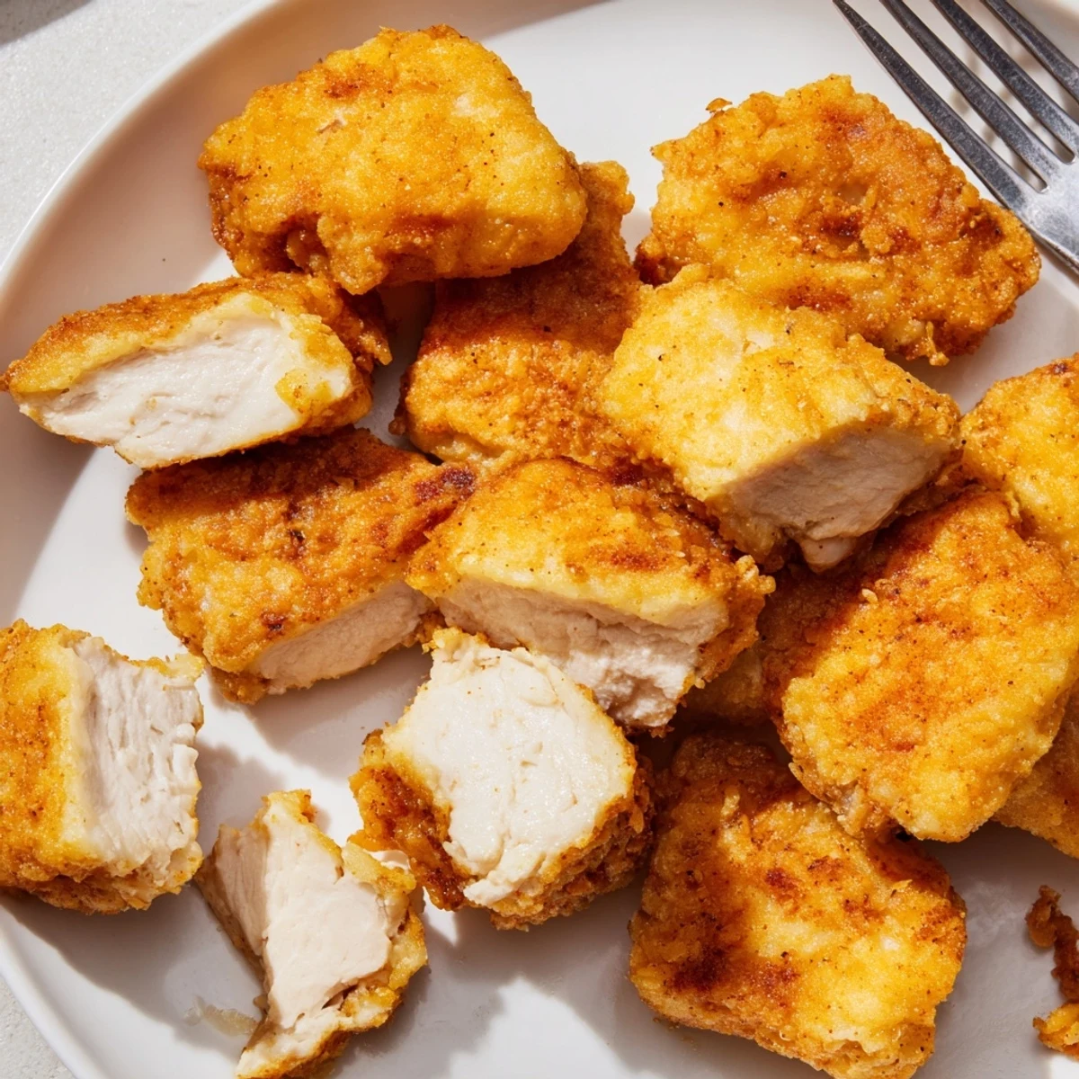 Airy steam rising from freshly fried Chicken Bites served hot