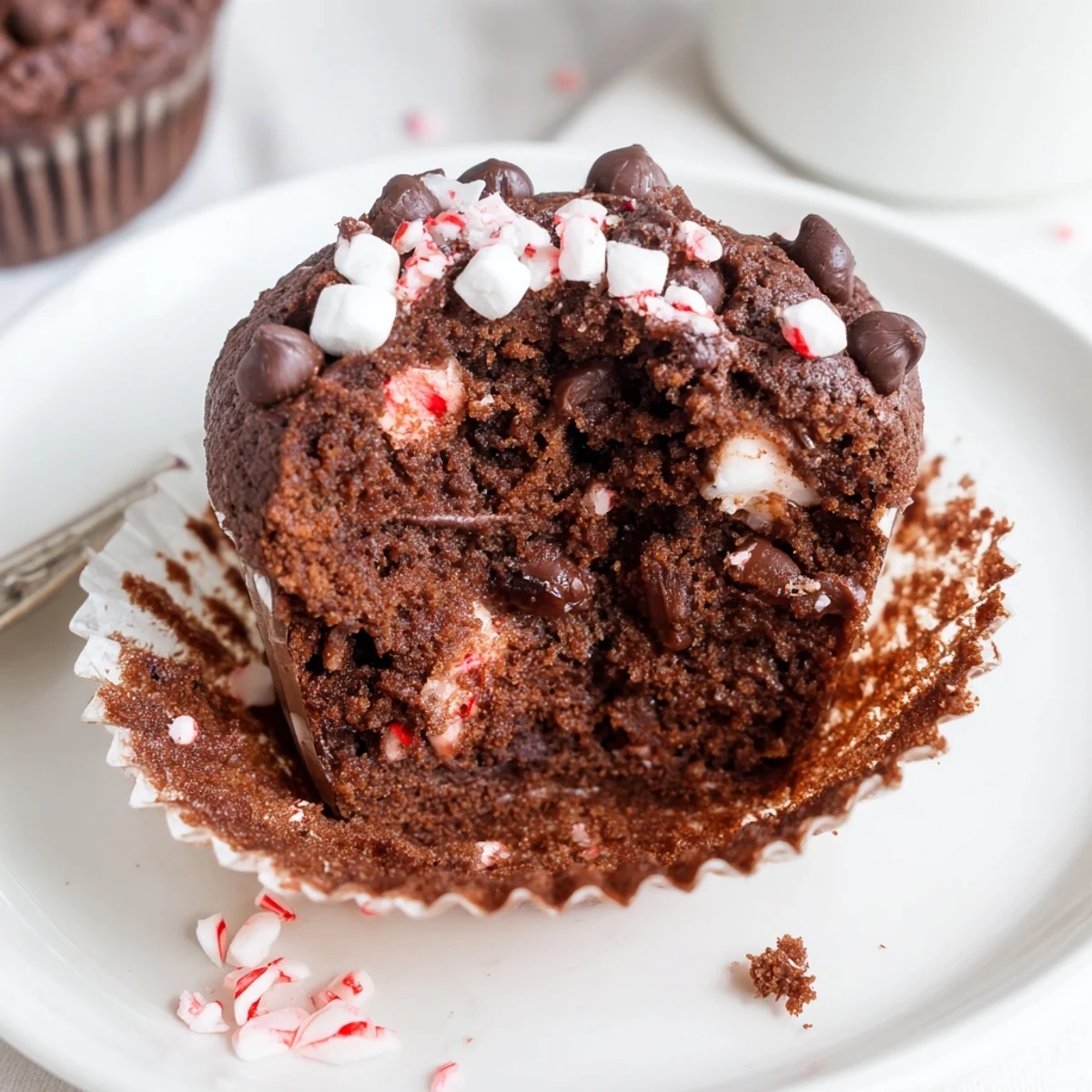 Fresh Peppermint Hot Chocolate Muffins topped with crushed candy, steam rising  