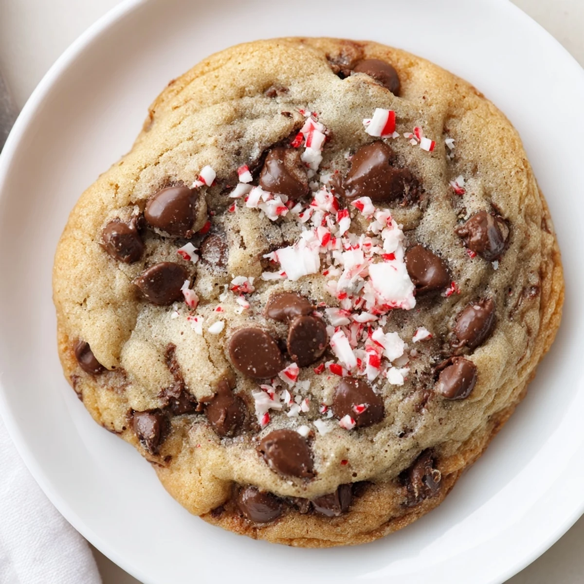 A plate of Peppermint Chocolate Chip Cookies with frosty peppermint specks
