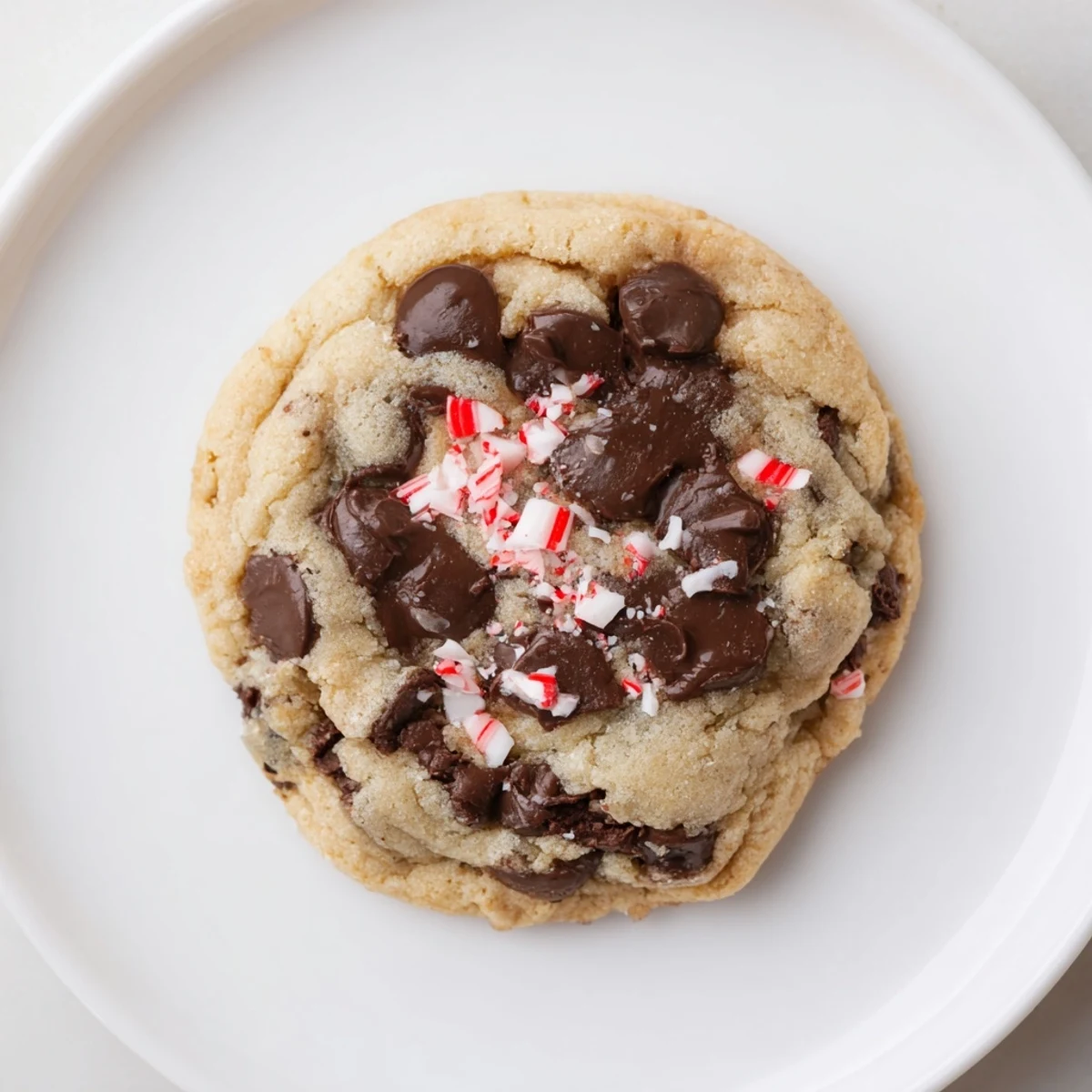 Peppermint Chocolate Chip Cookies cooling on rack, glossy chips and crushed candy