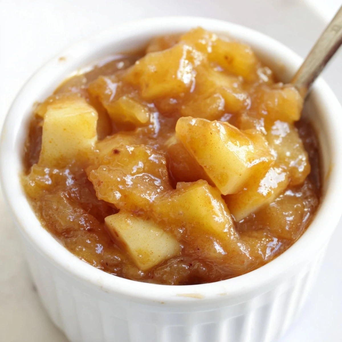 Jar of Fall Caramel Apple Jam spooned over buttered toast, tender chunks