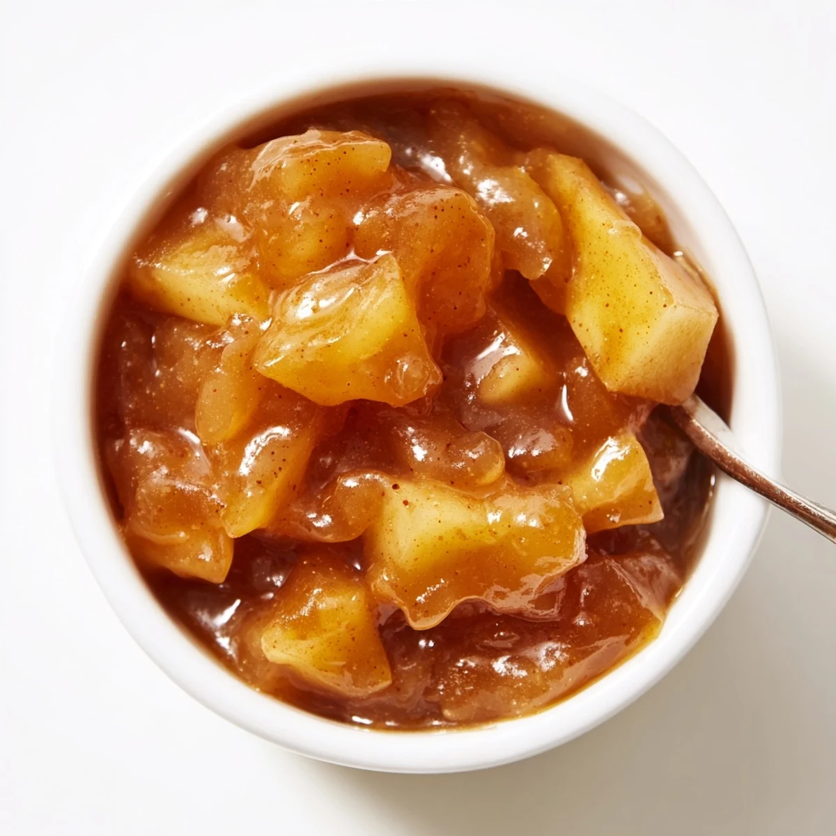 Warm Fall Caramel Apple Jam glistening in jar, spiced aroma rising
