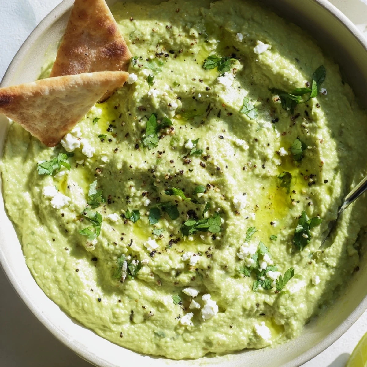 Creamy Avocado Feta Dip drizzled with olive oil, served with pita chips