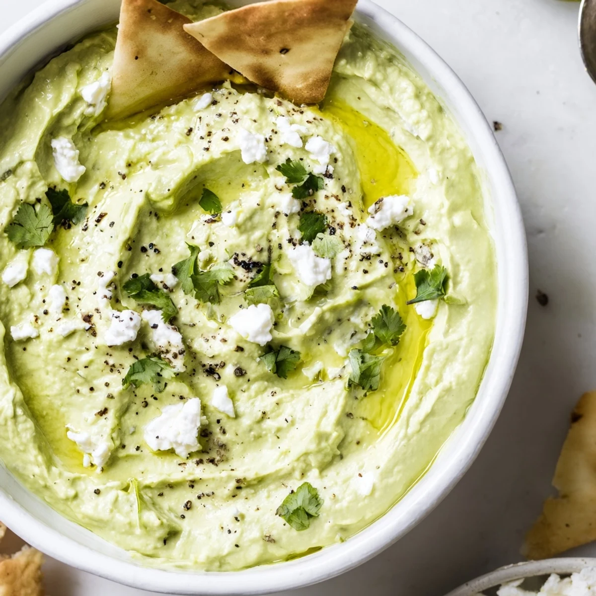 Creamy Avocado Feta Dip spread on toasted bread, tangy and silky