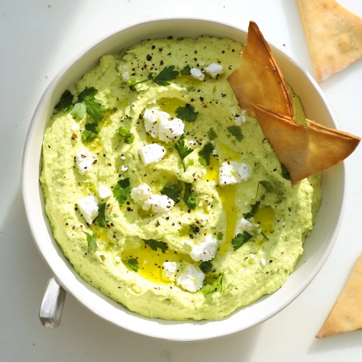 A bowl of Creamy Avocado Feta Dip sprinkled with cilantro and lime