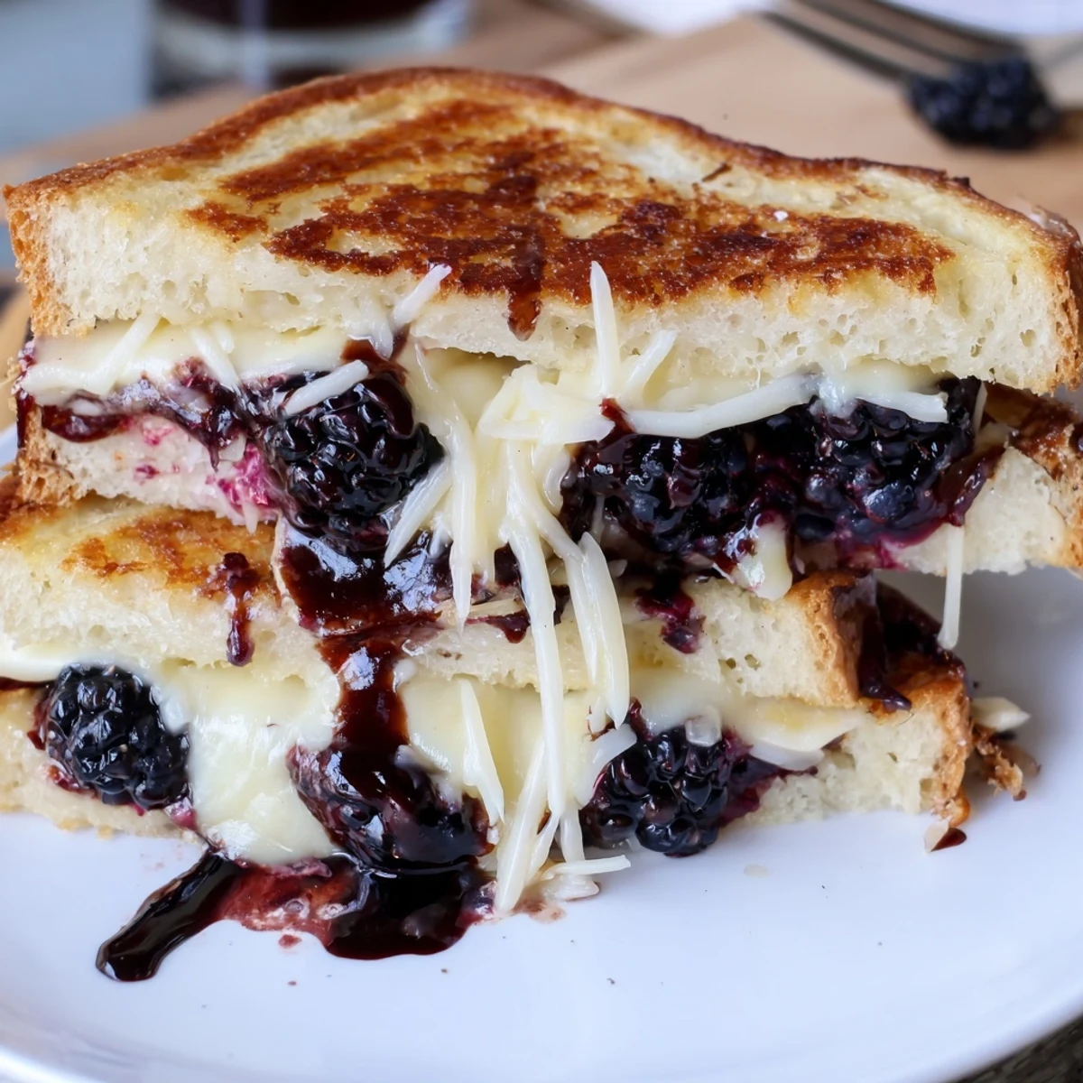 Sliced Balsamic Blackberry Bliss Grilled Cheese showing melted brie and bursting blackberries