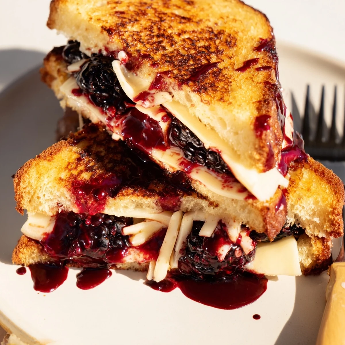 Skillet toasted Balsamic Blackberry Bliss Grilled Cheese served warm on a rustic board