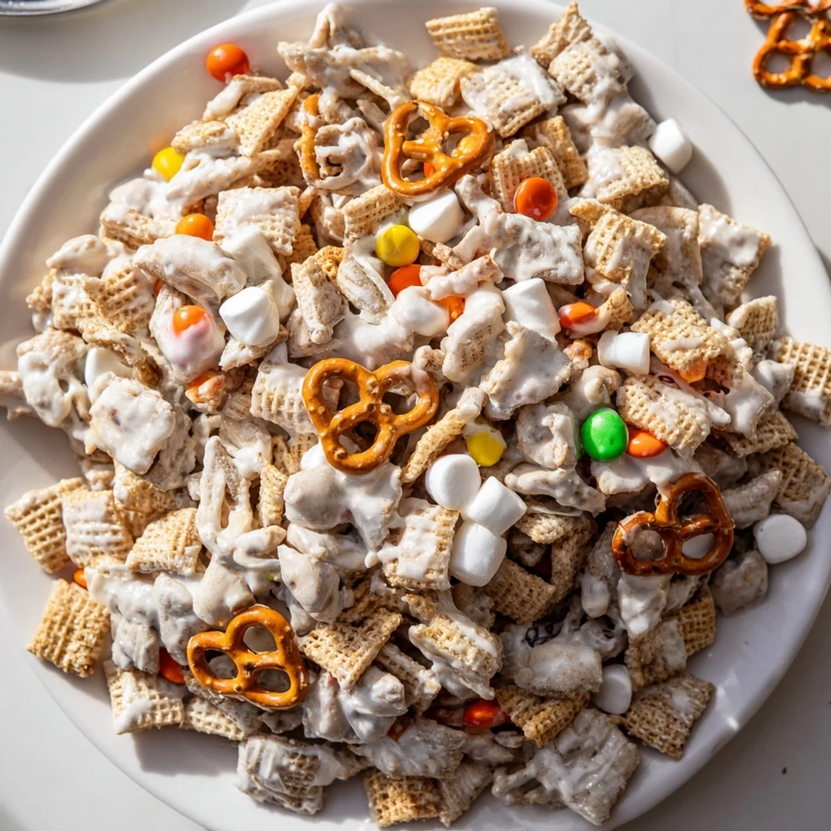 White Trash Snack Mix piled on a bowl, creamy white chocolate glaze.
