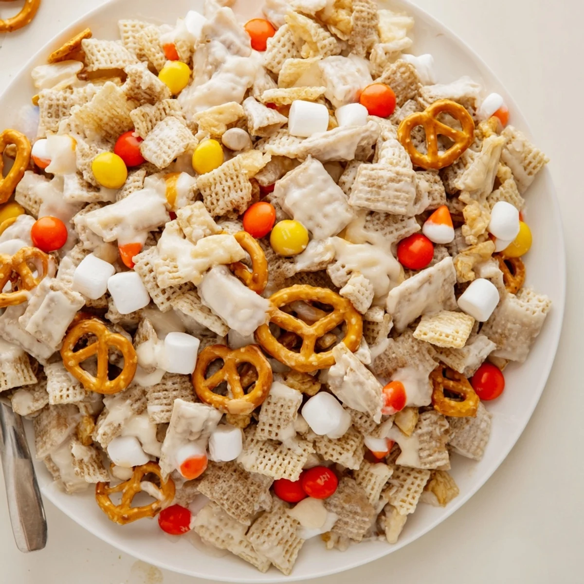 Fresh White Trash Snack Mix broken into chunky pieces, crunchy salty-sweet bites.