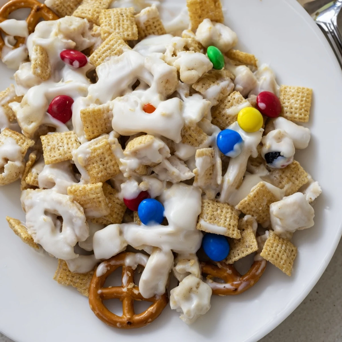 White Trash Snack Mix spread on parchment-lined baking sheet, cooling to set.