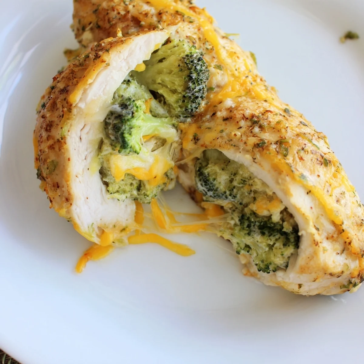 Broccoli Cheese Stuffed Chicken Breast with bubbling cheddar, golden baked, resting on plate