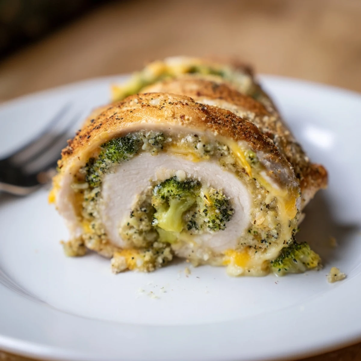 Sliced Broccoli Cheese Stuffed Chicken Breast revealing creamy broccoli cheddar filling, steam rising