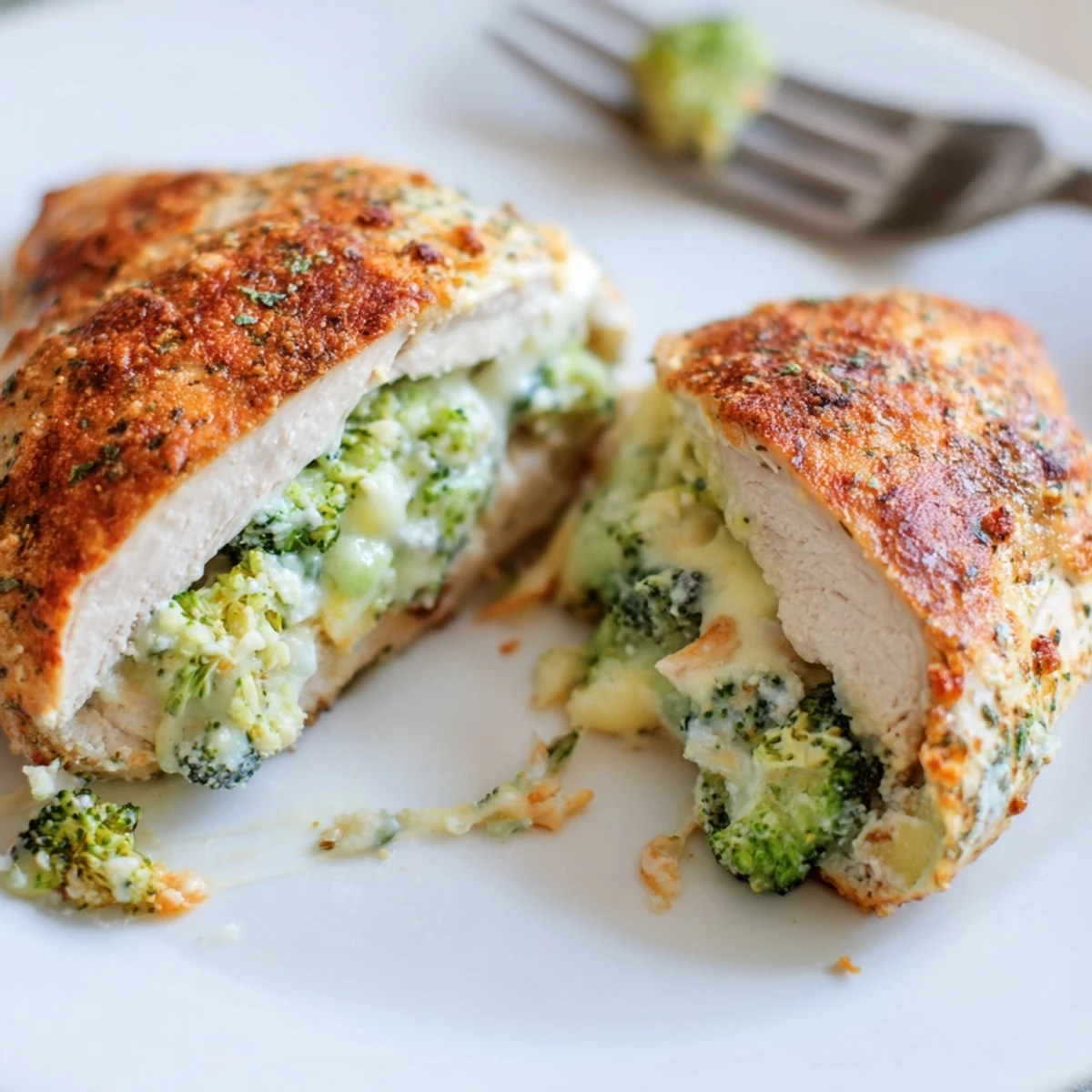 Family style Broccoli Cheese Stuffed Chicken Breast served with crisp green salad, fork ready
