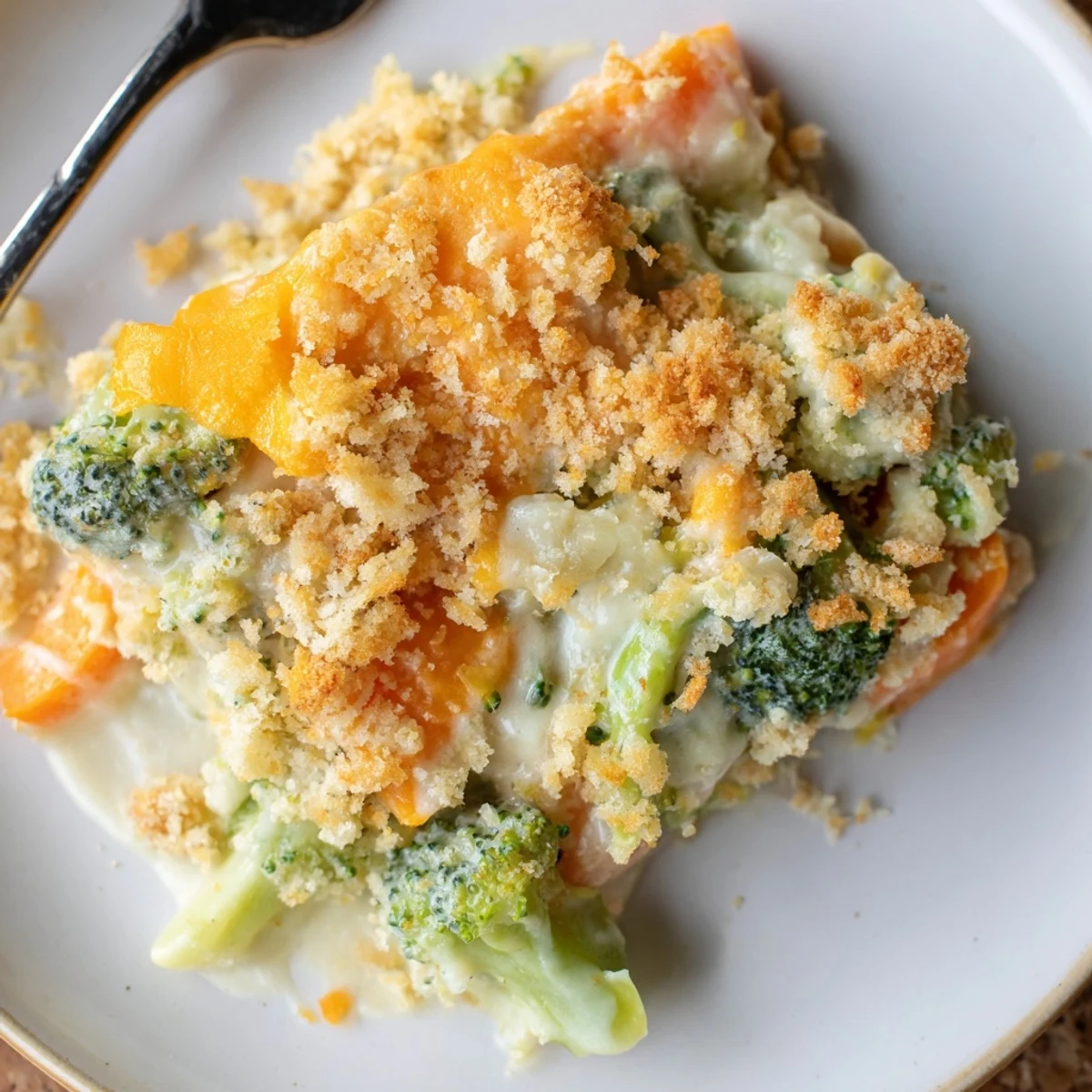 Golden, bubbly Cheese Bake Broccoli Carrots with crunchy panko topping, ready