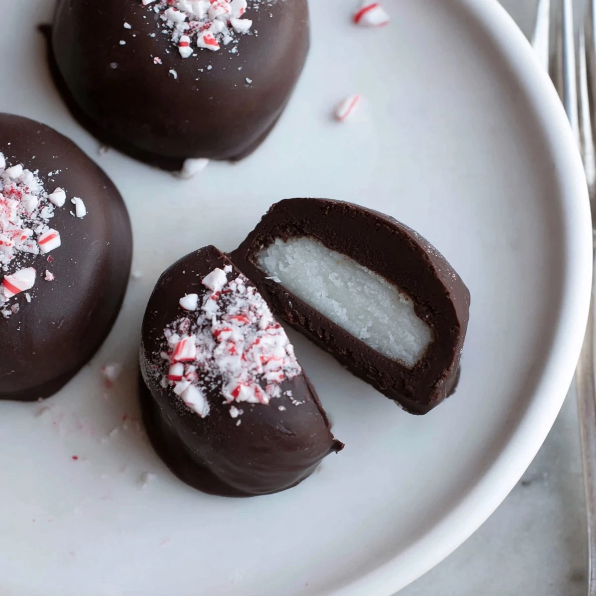 Homemade Peppermint Patties stacked on a plate, sliced to reveal creamy center.