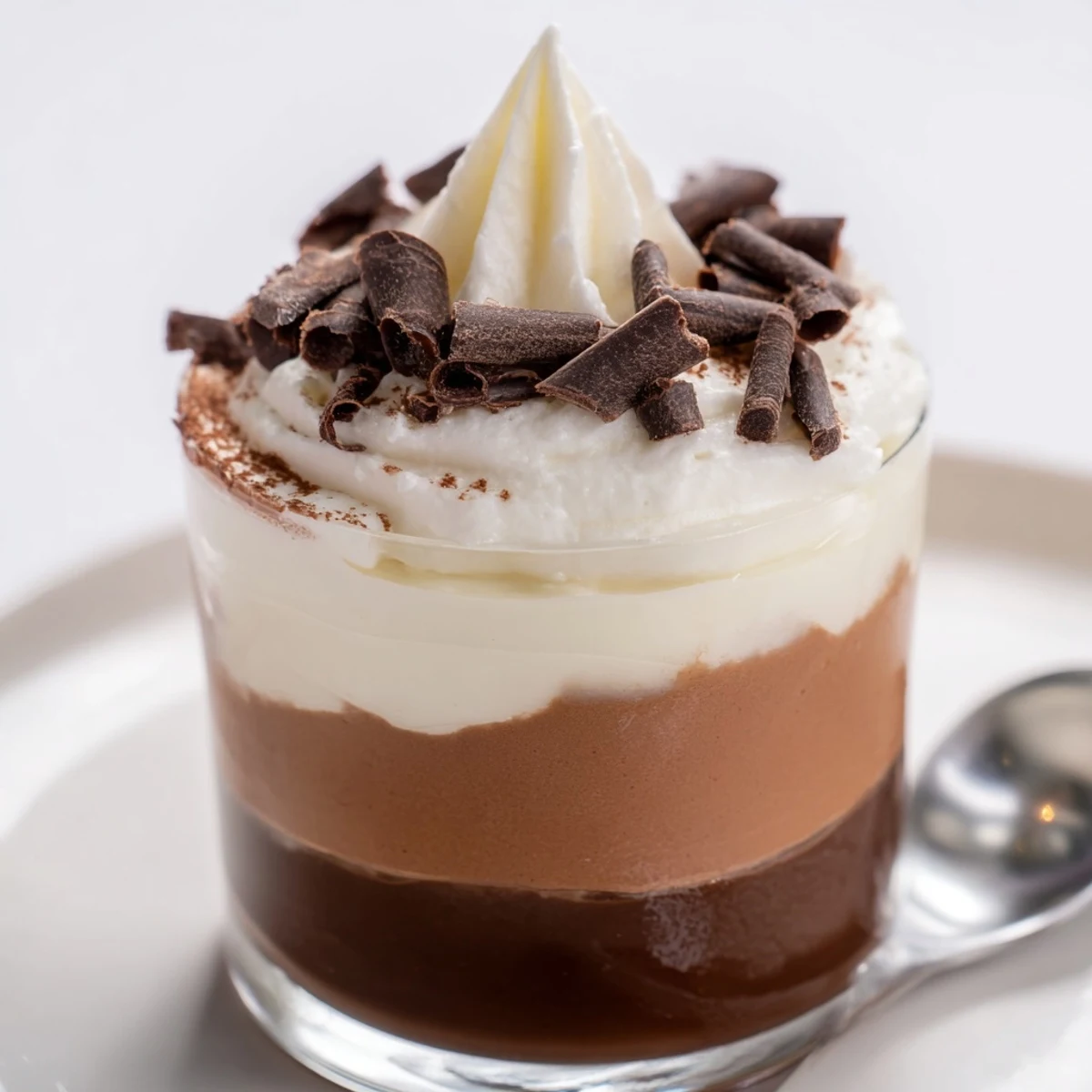 Triple Chocolate Mousse Cups layered in glass, silky textures and glossy chocolate shavings
