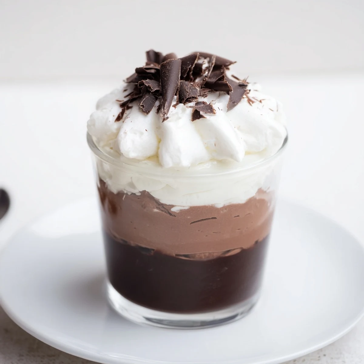 Individual Triple Chocolate Mousse Cups garnished with shaved chocolate, ready for serving