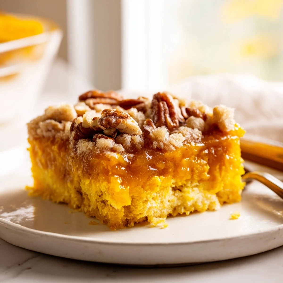 Pumpkin Dump Cake bubbling with cinnamon-spiced filling, golden pecan topping, served warm  