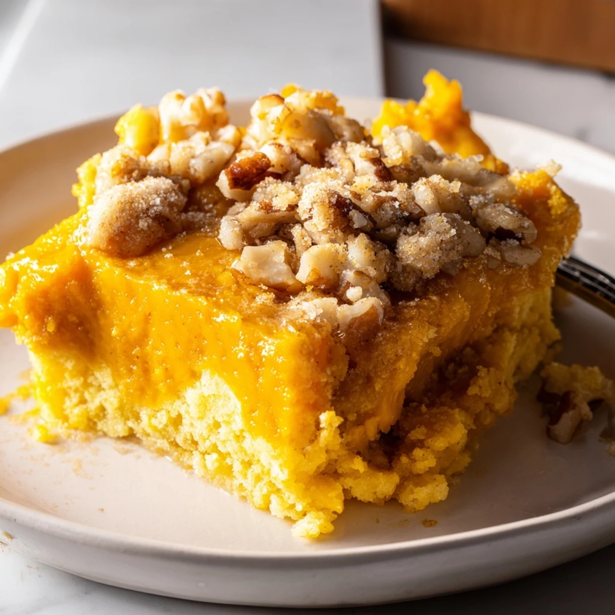Slice of Pumpkin Dump Cake on plate, vanilla ice cream melting beside  