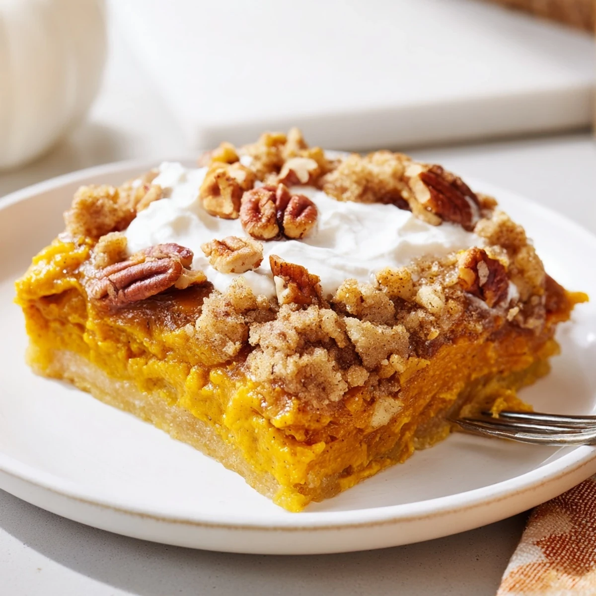 Rustic Pumpkin Dump Cake cooling in baking pan, buttery crumbs and spice